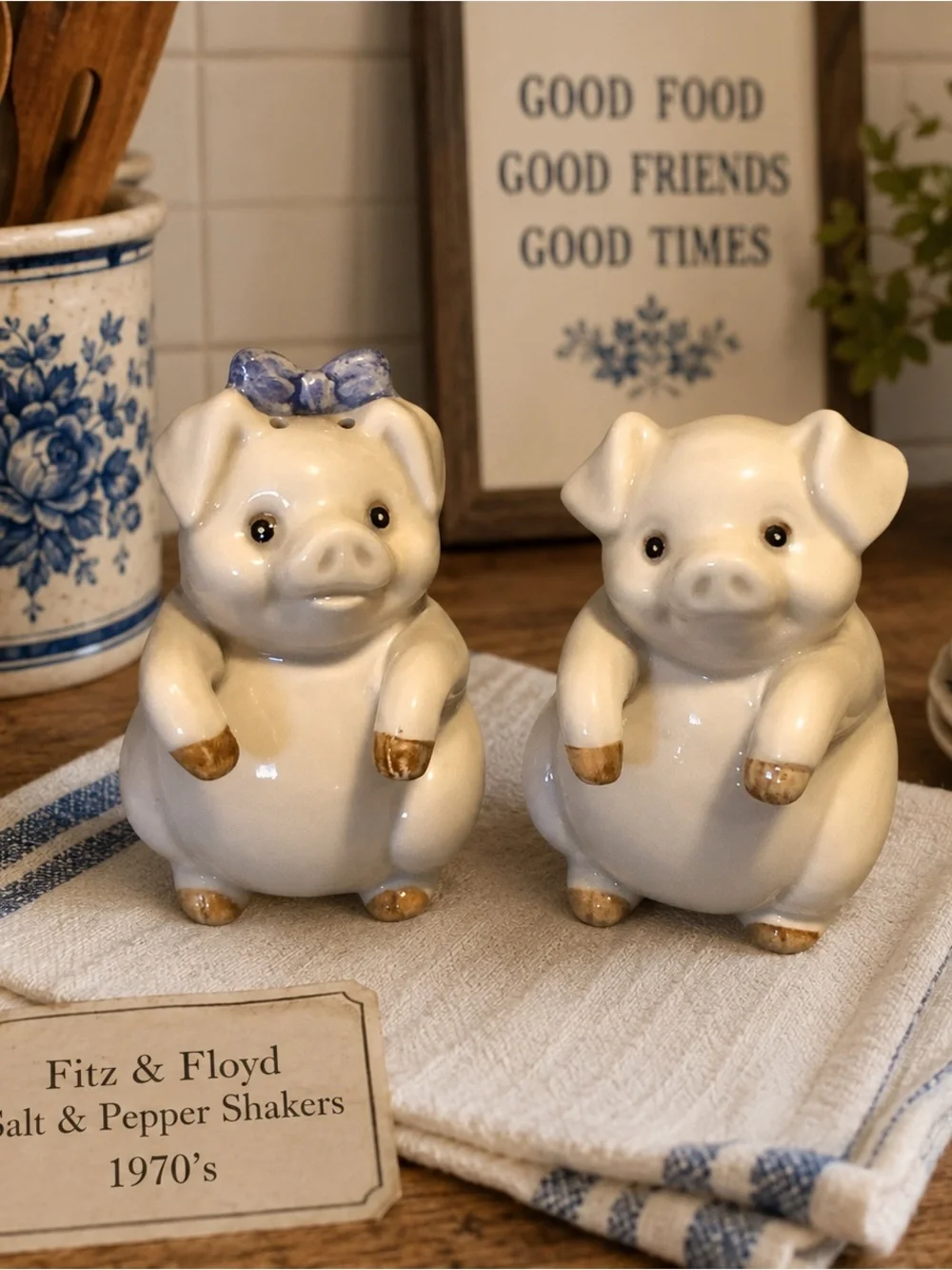 70’s Fitz and Floyd Cream Ceramic Pig Salt & Pepper Shakers Blue Bow 3.25”X2.25